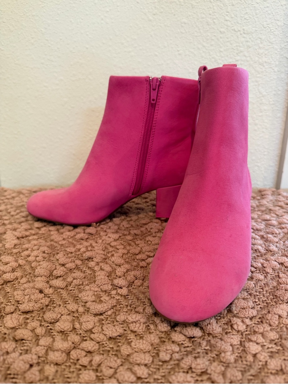 Women's Pink Suede Ankle Booties with Block Heel